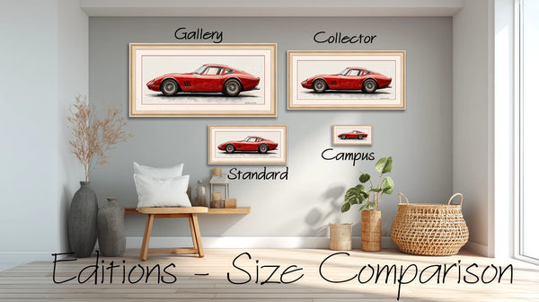 Visual size guide showing Bijou Frames™ Editions — Campus, Standard, Collector, and Gallery canvas artworks | Bijou Frames™