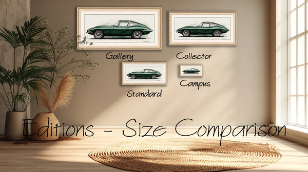 Visual size guide showing Bijou Frames™ Editions — Campus, Standard, Collector, and Gallery canvas artworks | Bijou Frames™