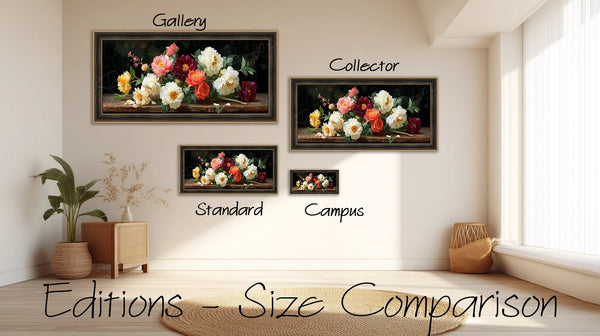Visual size guide showing Bijou Frames™ Editions — Campus, Standard, Collector, and Gallery canvas artworks | Bijou Frames™