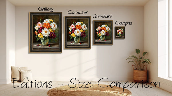 Visual size guide showing Bijou Frames™ Editions — Campus, Standard, Collector, and Gallery canvas artworks | Bijou Frames™