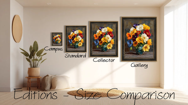 Visual size guide showing Bijou Frames™ Editions — Campus, Standard, Collector, and Gallery canvas artworks | Bijou Frames™