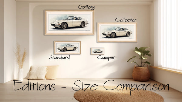 Visual size guide showing Bijou Frames™ Editions — Campus, Standard, Collector, and Gallery canvas artworks | Bijou Frames™